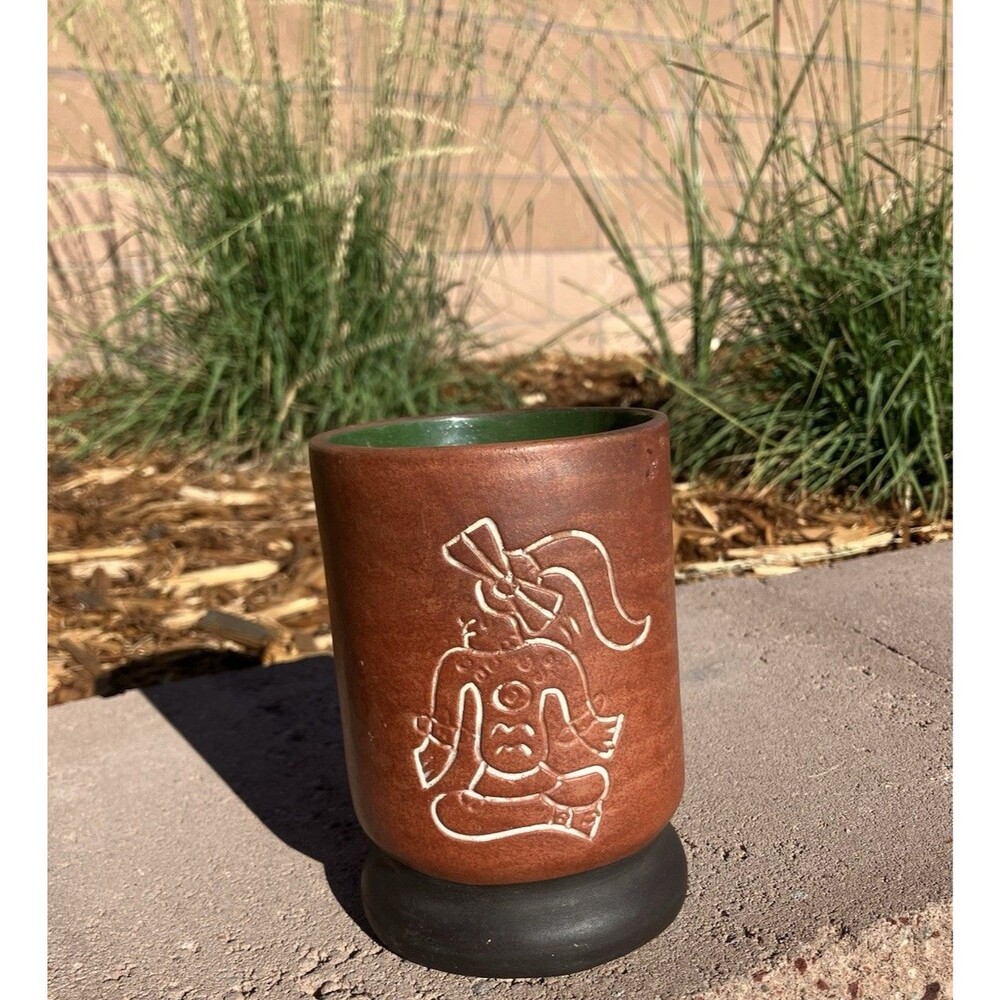 VTG Leopoldo De Mexico Pottery Vase Aztec Mayan Figure Brown Green 5”